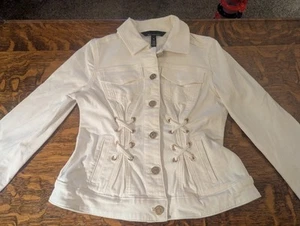 Whitehouseblackmarket White Denim Jacket Stylin With Laces And Brass Trim - Picture 1 of 13