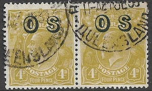 KGV CofA Wmk 4d Yellow-Olive Opted OS sg0126 PAIR fine used cds scarce - Picture 1 of 2