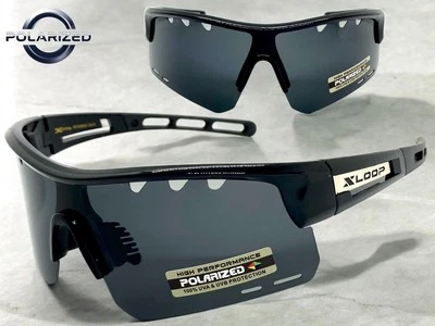 Sporty Biker Wrap Around Shield Fishing POLARIZED SUN GLASSES Large Black Frame - Image 1 of 4