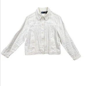 Relativity 100% Linen Jacket Women Petite Medium PM White Shirt Blouse Workwear - Picture 1 of 12