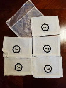 Sferra His Her Embroidered Black Linen White Cocktail Napkin Set 5 Nieman Marcus - Picture 1 of 9