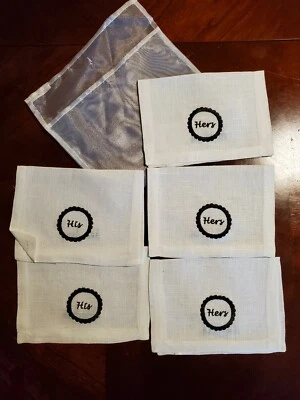 Sferra His Her Embroidered Black Linen White Cocktail Napkin Set 5 Nieman Marcus - Image 1 of 4