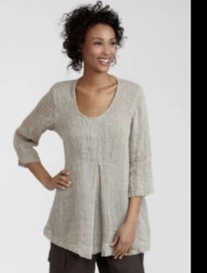 Flax Top Womens Small Tan Boxy Lagenlook Minimalist Artsy Tunic - Picture 1 of 7