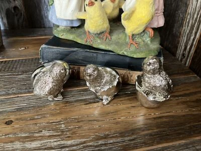 Set/3 Primitive Antique Tin Style Easter Chick Chicken Silver Hatching Egg Resin - Image 1 of 4