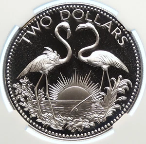 1974 THE BAHAMAS Bohemian Arms FLAMINGOS Proof Silver 2 Dollar Coin NGC i106383 - Picture 1 of 5