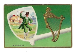 c1910 Tarjeta Postal Día de San Patricio Arpa Dorada, Pipa Blanca Arcilla, Hombre Irlandés Bailando - Imagen 1 de 2