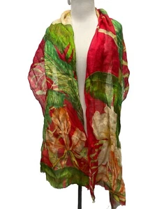 Powder Womens 100% Linen Tropical Dark Rose Floral Scarf Shawl NWT - Picture 1 of 5