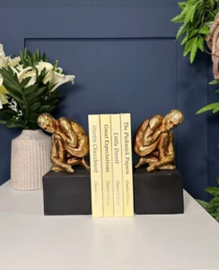 Pair of Crouching Naked Sculpted Man | Gold Resin | Contemporary Modern Gift - Picture 1 of 7