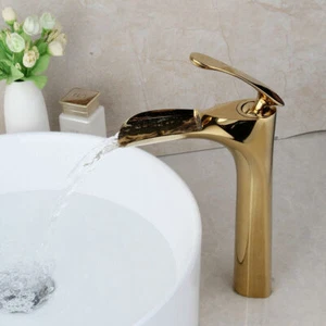 Luxury Gold Waterfall Bathroom Basin Vessel Sink Vanity Mixer Faucet Brass Taps - Picture 1 of 11