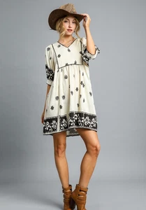 Mini Vestido Babydoll Para Mujer Umgee Floral Cuello en V Manga Abullonada en Negro Crema - Imagen 1 de 5