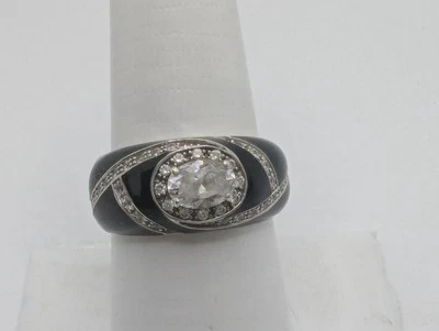 Anillo Hidalgo Plata de Ley 925 Esmalte Negro y Circonitas Cúbicas Talla 8.75 Foto 1 de 4