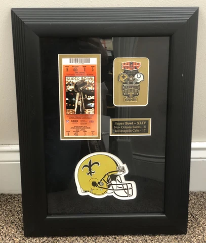 Super Bowl Win Display Case New Orleans Saints Pin & Ticket Stub Reproduction Cover
