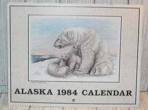 VINTAGE NO WRITING ALASKA 1984 CALENDAR DOUG LINDSTRAND ART POLAR BEAR HUSKY DOG - Picture 1 of 5