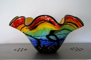 Bol centre de table en verre soufflé à la bouche arc-en-ciel style Murano Badash 17" - Photo 1/7