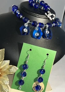 OOAK Real Blue 20” Necklace Earrings and 7.5” Bracelet NWT Silver plate findings - Picture 1 of 5