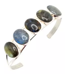 Desert Rose Trading Company 925 SS Cuff Bracelet w/ 5 Oval Labradorite Cabochons - Picture 1 of 16