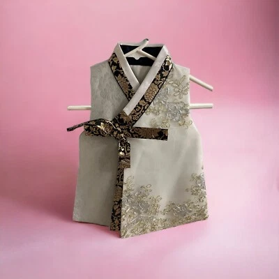 Traditional Korean Asian Embroidered Toddler Girl Robe Kimono White Gold Black - Image 1 of 4