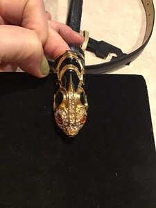 Vintage Kenneth Jay Lane kJL Fish Head Koi Gold/Crystals Black Leather Belt M - Picture 1 of 6