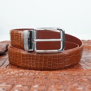 W 1.5" Real Brown Crocodile Belly Leather Skin Men's Belt No Jointed Pin Buckle - Picture 1 of 14