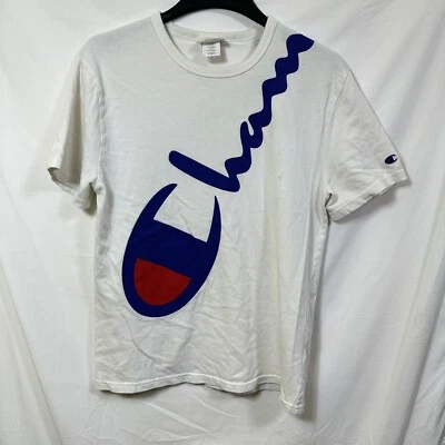 Vintage Champion Men's M Wrap Around White Short Sleeve T-Shirt Distressed Y2K - Image 1 of 4