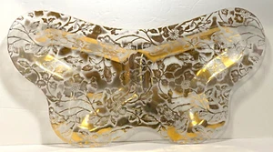 VINTAGE MCM LARGE GOLD FLORAL BUTTERFLY SHAPED GLASS SERVING PLATE PLATTER DISH - Picture 1 of 5