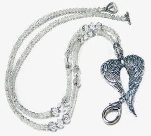Beaded Necklace Lanyard keys work id badge clear crystal Angel Wings - Foto 1 di 4