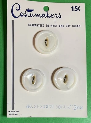 (3) VINTAGE 3/4" COSTUMAKERS WHITE SHELL 2-HOLE BUTTONS NOS CARD MADE in USA-O9 - Image 1 of 3