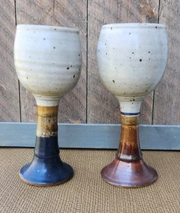 Set of 2 Studio Art Pottery Goblet Wine Chalice Earth Tone Stoneware Cups 8.25" - Picture 1 of 8