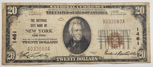 1929 $20 The National City bank of New York New York. 1461  A033080A - Picture 1 of 2