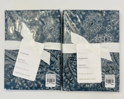 New Pottery Barn MERRIT Pillow Shams 2 Standard Paisley Blue Floral Organic - Image 1 of 4
