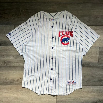 Vintage 90s Magestic Chicago Cubs Pin Stripe Baseball Jersey Mens L White Blue - Image 1 of 4