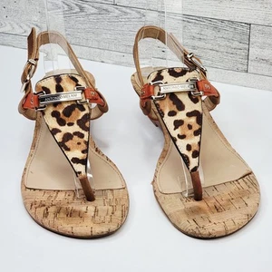 Antonio Melani 7.5M Thong Orange Leather Leopard Print Cork Buckle Sandals Money - Picture 1 of 10