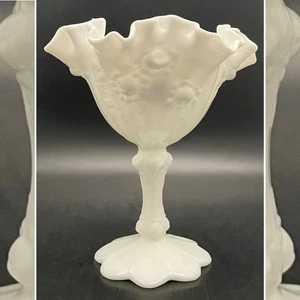 Fenton Cabbage Rose Milk Glass Ruffled Pedestal Compote 1970-1985 USA 6.5" tall - Picture 1 of 13