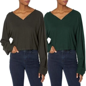 RVCA Women's Jet Setter Oversized Ribbed Knit Cropped V-Neck Long Sleeve Top - Picture 1 of 5