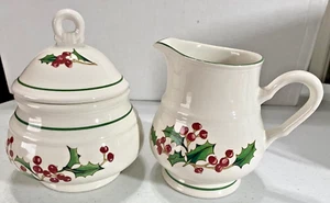 SANGO "White Christmas" Vintage Holly Korea -- Creamer and Sugar Bowl w/Lid - Picture 1 of 5