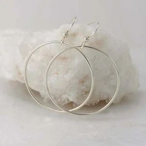 Pendientes de aro de plata de ley aros minimalistas grandes hechos a mano simples - Imagen 1 de 5