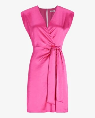 Express Limited Edition Hot Pink Satin Strong Shoulder Tie Waist Mini Dress M - Image 1 of 3