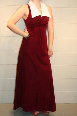 XS VTG 70s VELOUR Halter MAXI DRESS Empire Red Wine Sailor Collar Nautical - Image 1 of 4