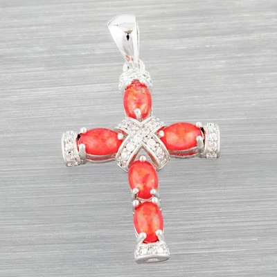 Latin Cross Red Fire Opal Cabochon CZ Silver Jewelry Necklace Pendant - Image 1 of 4