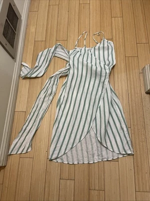 Reformation Green Striped Wrap Dress Spaghetti Straps Women’s Size Small Linen - Image 1 of 4