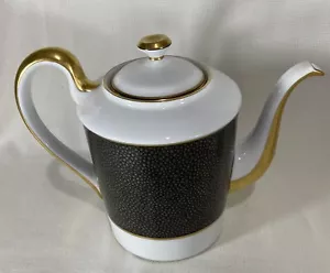 FITZ AND FLOYD SHAGREEN TEAPOT / COFFEE SERVER - WHITE & DK BLUE WITH GOLD TRIM - Picture 1 of 8