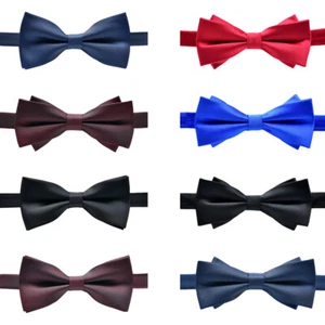 Men Solid Color Diamond Tip Bow Ties Double Layer Pre-tied Wedding Party Bowtie - Picture 1 of 9
