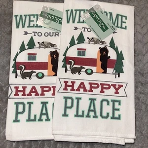 Welcome to Our Happy Place Set of 2 Kitchen Towels The Spring Shop NEW - Picture 1 of 3
