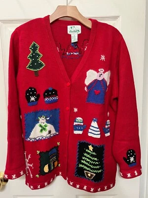 Quacker Factory Red Cardigan Sweater Holiday Winter V-Neck Embroidered Sz M EUC! - Image 1 of 4