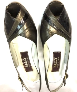 BALLY Kid Leather/Reptile Bronze Peep Toe Sling Back 80's Heels 7N Vintage - Picture 1 of 9