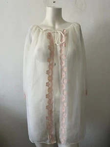 Vintage Avian Sheer Lace Negligee Lingerie Short Sleeve White and Pink Robe M - Picture 1 of 5