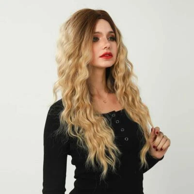  Peluca frontal de encaje de raíz marrón rubia peluca de cabello sintético fiesta diaria Foto 1 de 4