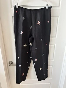 Talbots Irish Linen Black Pants Women 12 Butterfly Embroidered Novelty Artsy - Picture 1 of 10