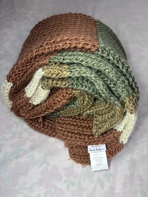 Hand Knit Open Weave Neutral Striped Blanket Throw- Nicole Miller- Olive Green - Image 1 of 4