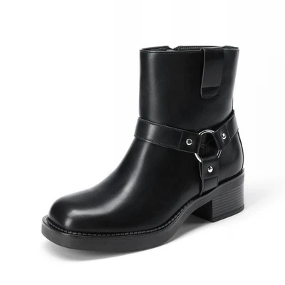 Women Square Toe Low Chunky Heel Side Zipper Motorcycle Riding Ankle Boots - Image 1 of 4
